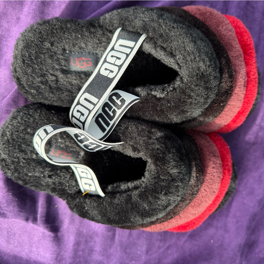 UGG Black and Red Fluffy Slippers